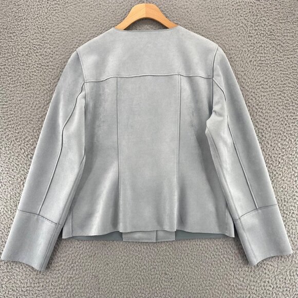 Chicos Jacket Womens 0 US Small Blue Grey Scuba Suede Stretch Snap Up Pocket NWT - Picture 8 of 11